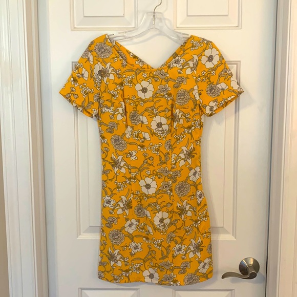 Yellow Floral Mini Dress with Criss Cross Back - Picture 1 of 3